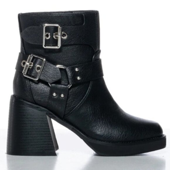 Azalea Wang Scooter Chunky Moto Booties Size 7 Squared Toe Mid Calf Buckle - Picture 1 of 6